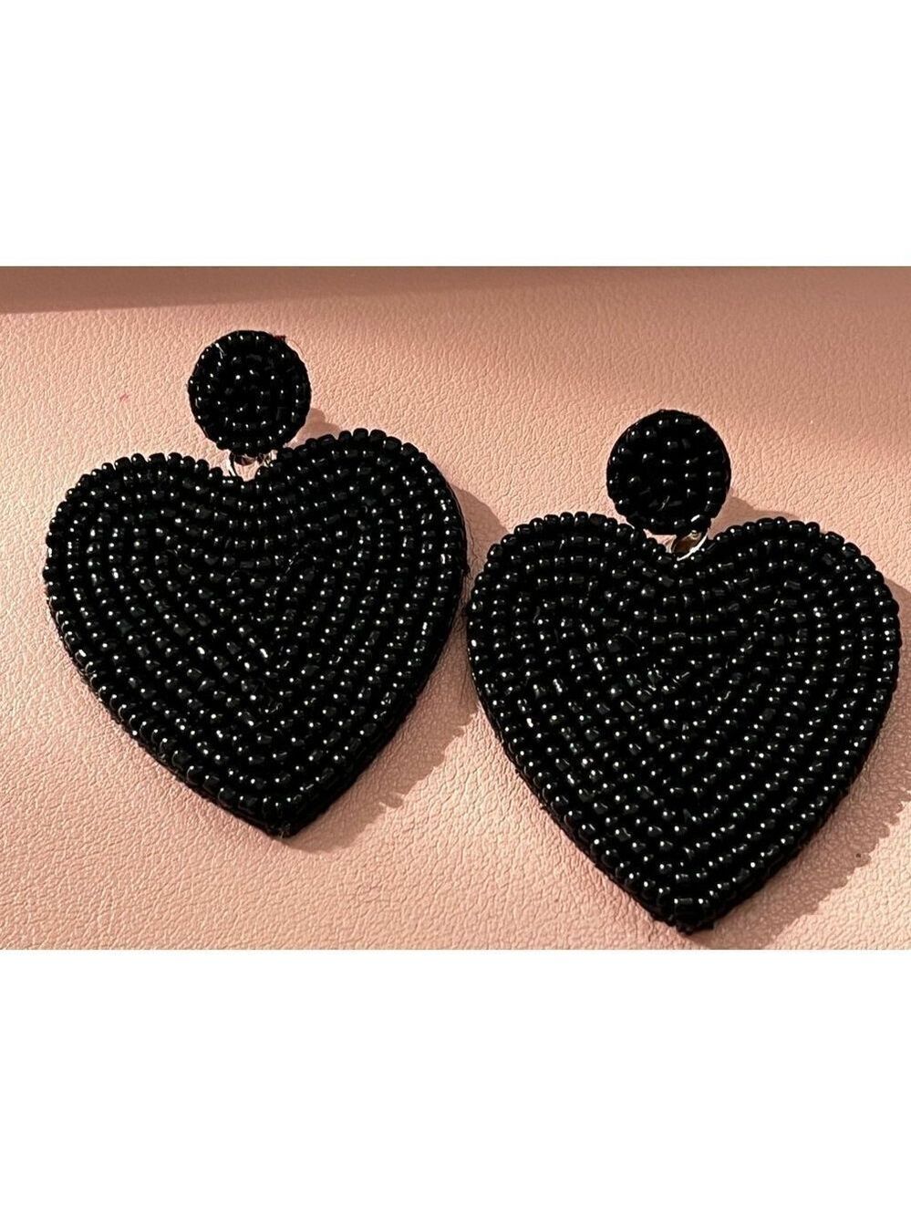BLACK Heart Felt Back Beaded Earrings
